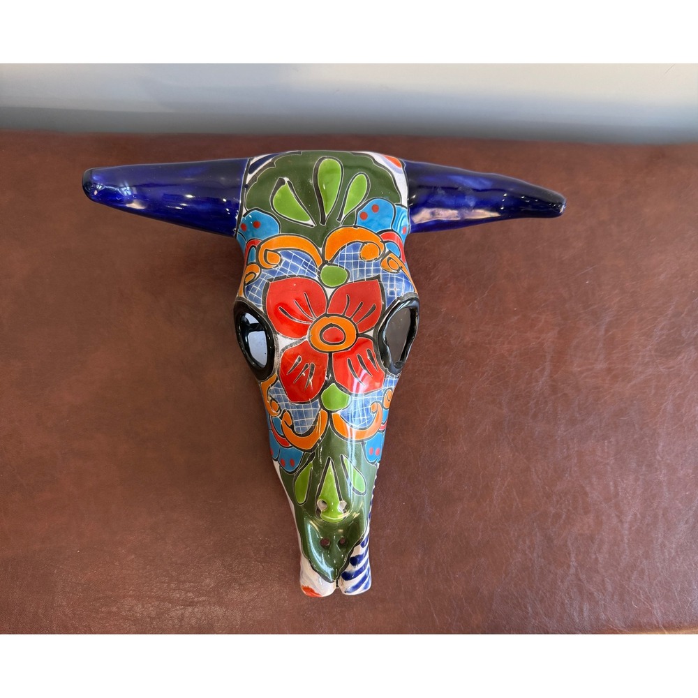 Mexican Talavera Pottery Bull Skull Wall Hanging Hand Painted Floral Folk Art